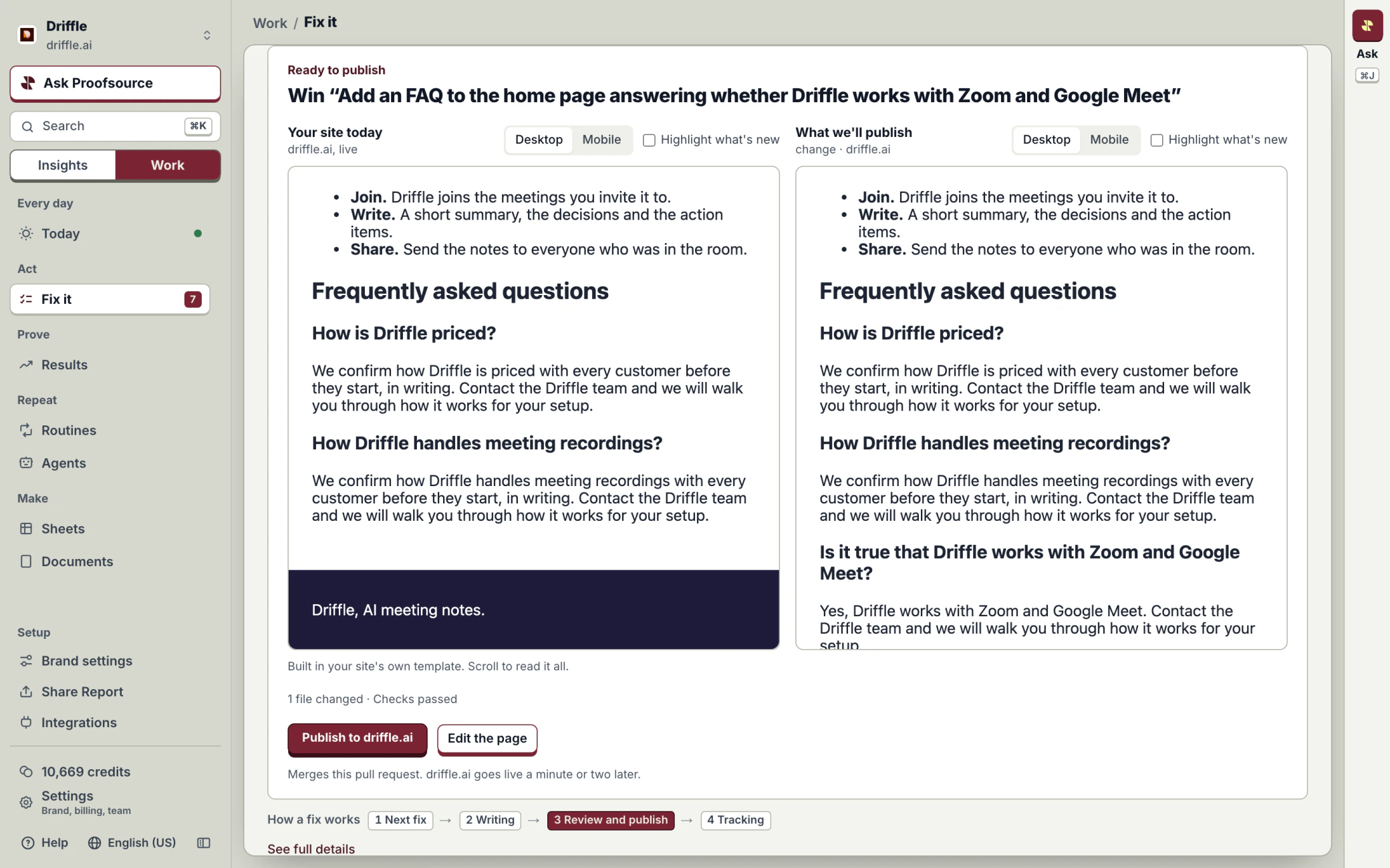 Proofsource Fix it for Driffle: the live page and the new version side by side, the new version adding a Zoom and Google Meet answer to the FAQ, with Publish to driffle.ai below